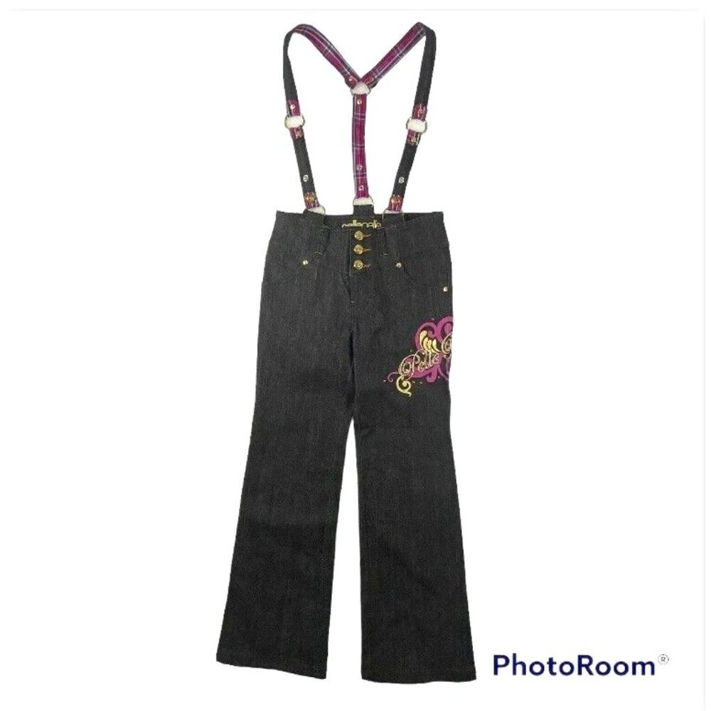 Y2K Pelle Pelle Girls‎ Jeans 10 Black Suspender Embroidered Hip Hop Festival VTG